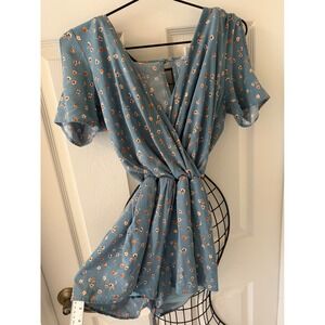 White Birch Blue Floral Dress Illusion V-Neck Romper Sz S Boho Cottagecore EUC